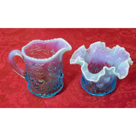 L.G.Wright Ice Blue Opalescent (Wreathed) Cherries Cream and Sugar Set - Picture 2 of 8